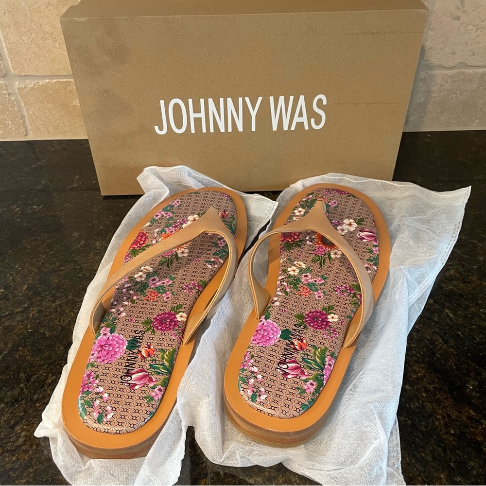 NEW Johnny Was Jenna Thong Sandals Size 10 Flip Flops Floral Tan - Picture 4 of 4